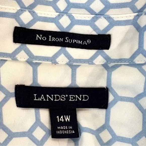 Lands' End Women Geometric Button Up Collar Long Sleeve Shirt 14W No Iron Cotton - Picture 10 of 11